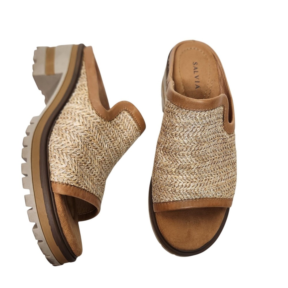 SALVIA Harper Sandals Womens 9-9.5 40 Beige Raffia Leather Slide Lug Sole Shoes